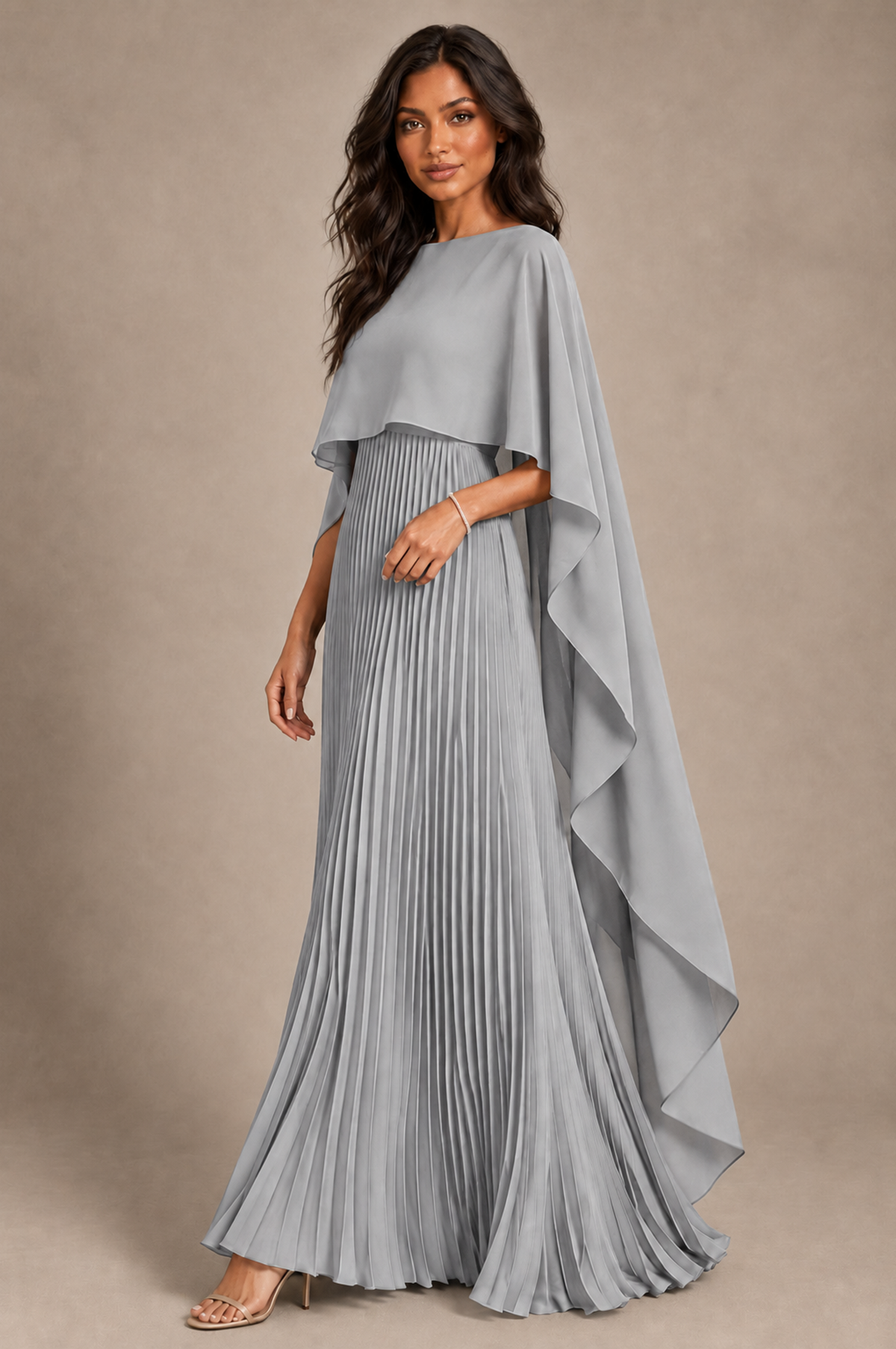 BOLODOO Silver Pleated Cape A-Line Evening Dress - Silver - Silver_2