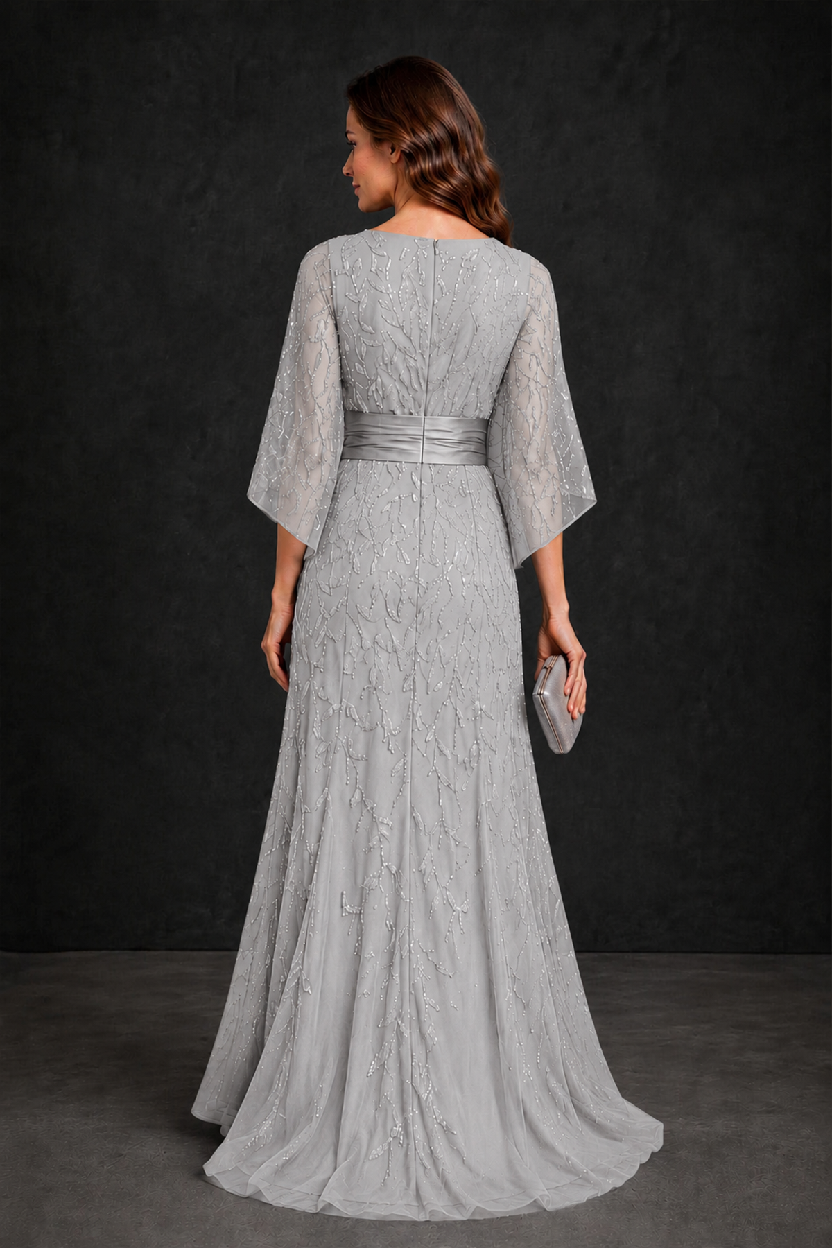 BOLODOO Silver Bateau Neck Bell Sleeve Sequin Embroidered Satin Waist A-Line Maxi Dress - Silver - Silver_2
