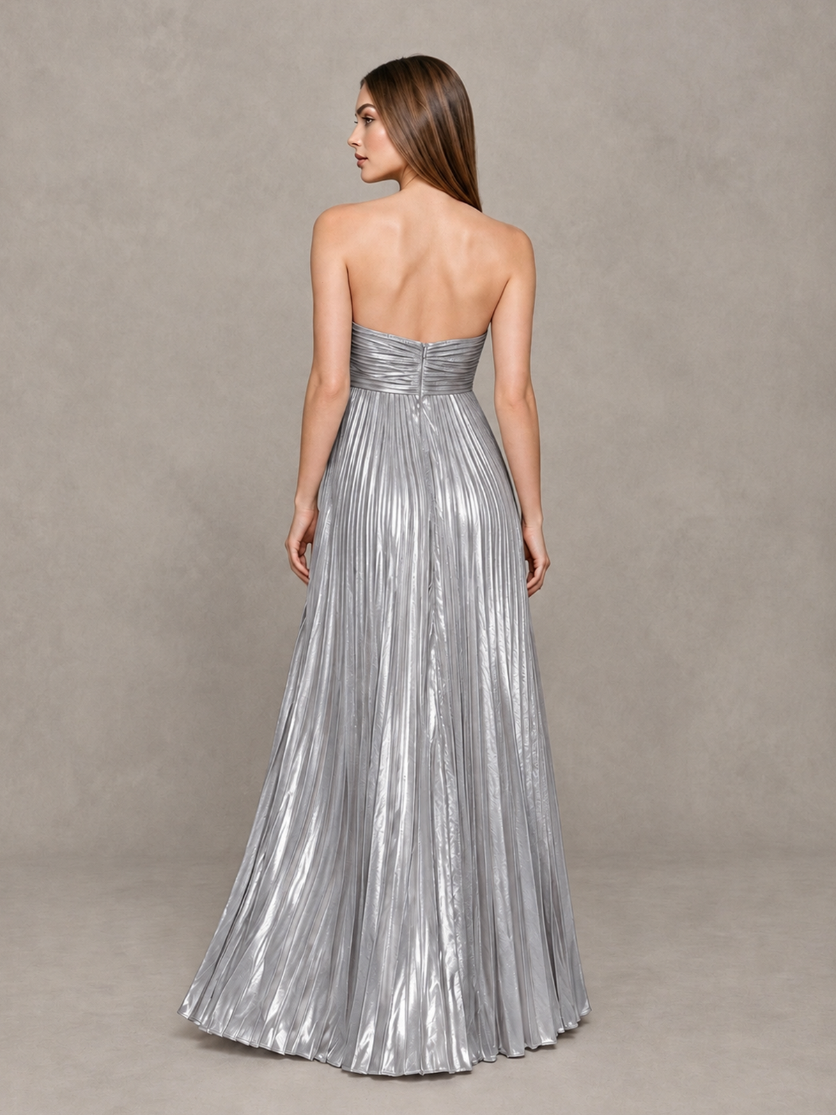 BOLODOO Silver Strapless Sweetheart Metallic Pleated Maxi Dress - Silver - Silver_2