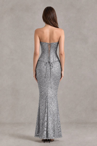 BOLODOO Silver Strapless Lace Corset Wedding Guest Dress - Silver - Silver_2