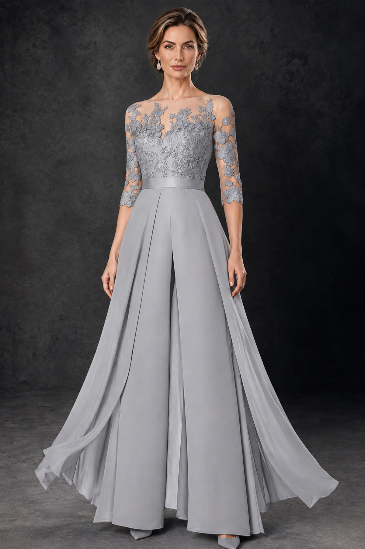 BOLODOO Silver Lace Wide-Leg Jumpsuit with Three-Quarter Sleeves - Silver - Silver_2