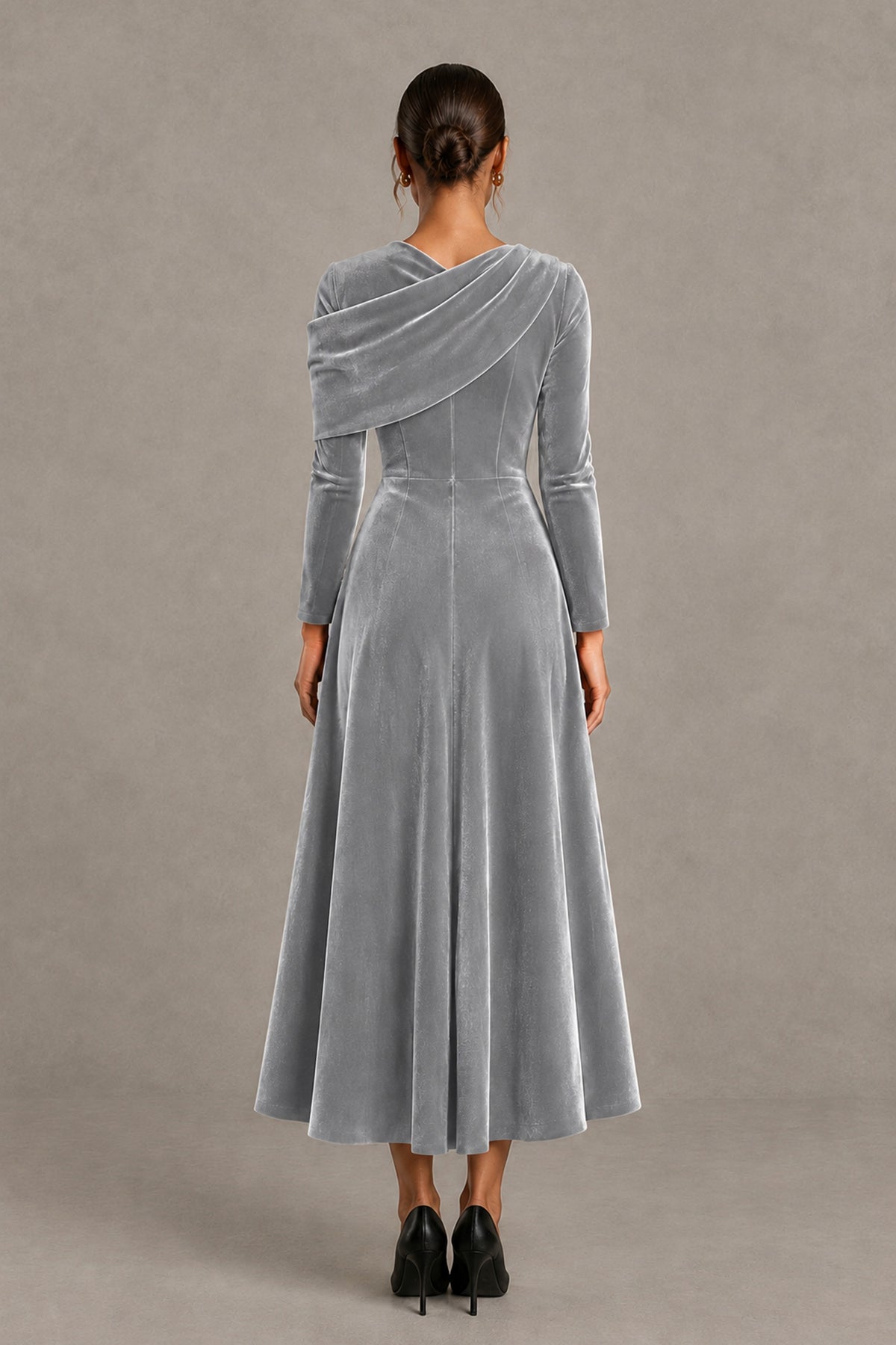 BOLODOO Silver Velvet-Look Long Sleeve Tea-Length A-Line Dress with Draped Neckline - Silver - Silver_2