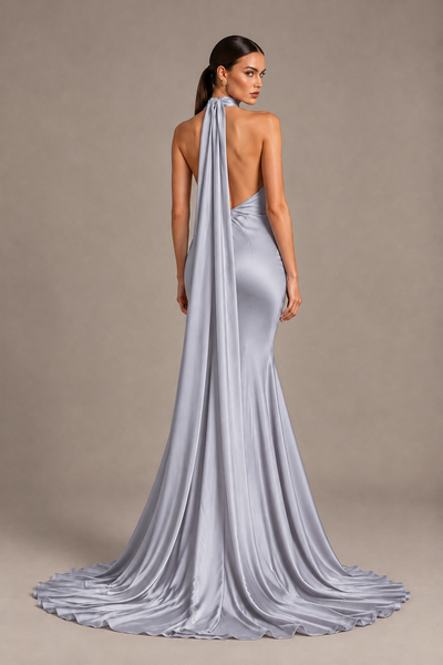 BOLODOO Silver One-Shoulder Satin Mermaid Evening Dress with Scarf - Silver - Silver_2