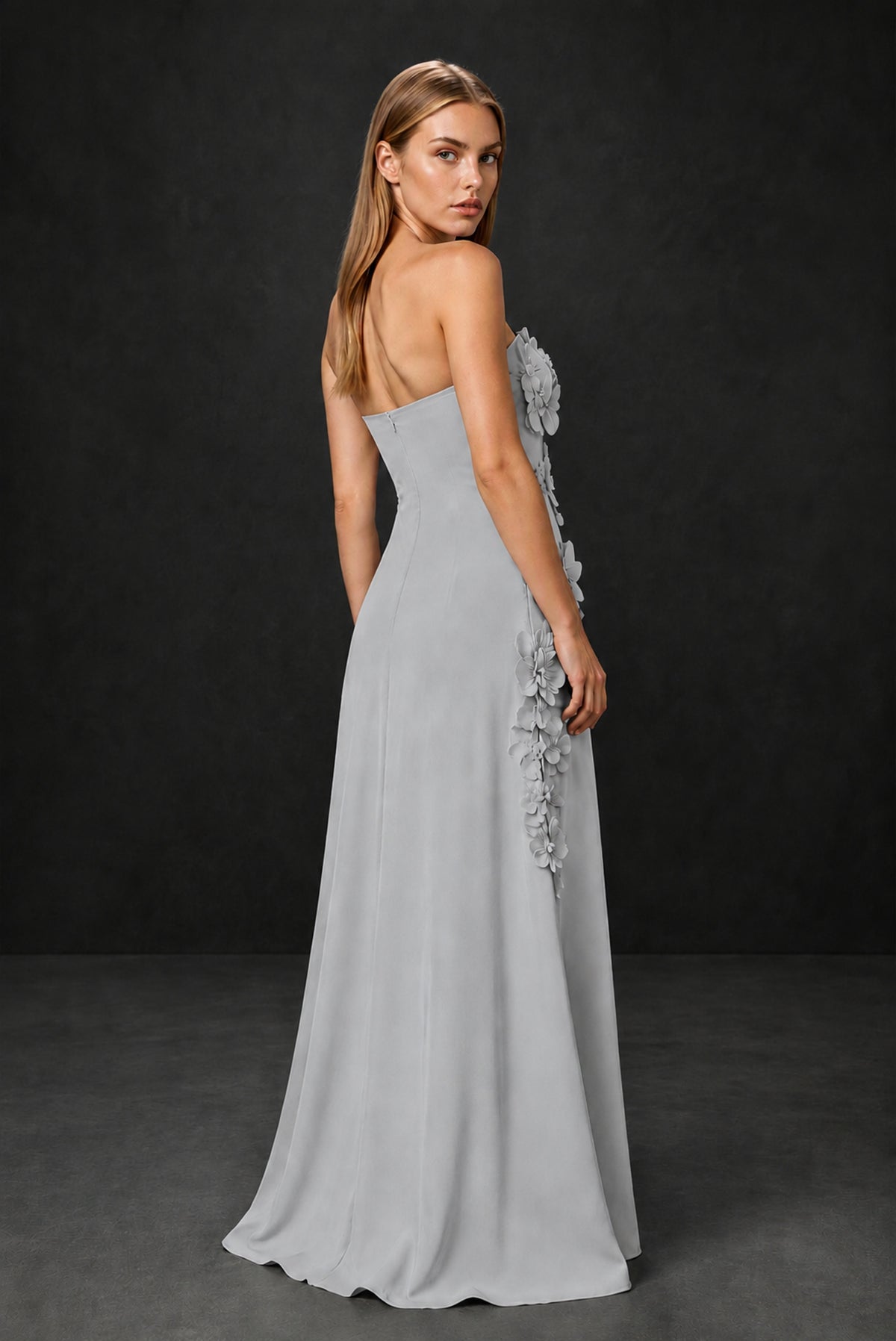 BOLODOO Silver Strapless 3D Floral Appliqué Crepe Maxi Gown - Silver