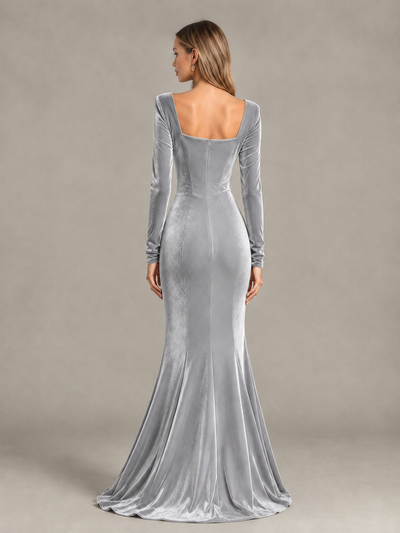 BOLODOO Silver Velvet-Look Square Neck Long Sleeve Mermaid Evening Dress - Silver - Silver_2