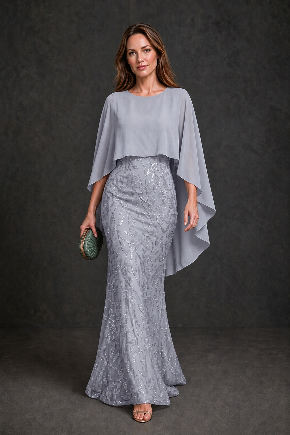 BOLODOO Silver Round Neck Chiffon Cape Overlay Sequin Lace Mermaid Maxi Dress - Silver - Silver_2