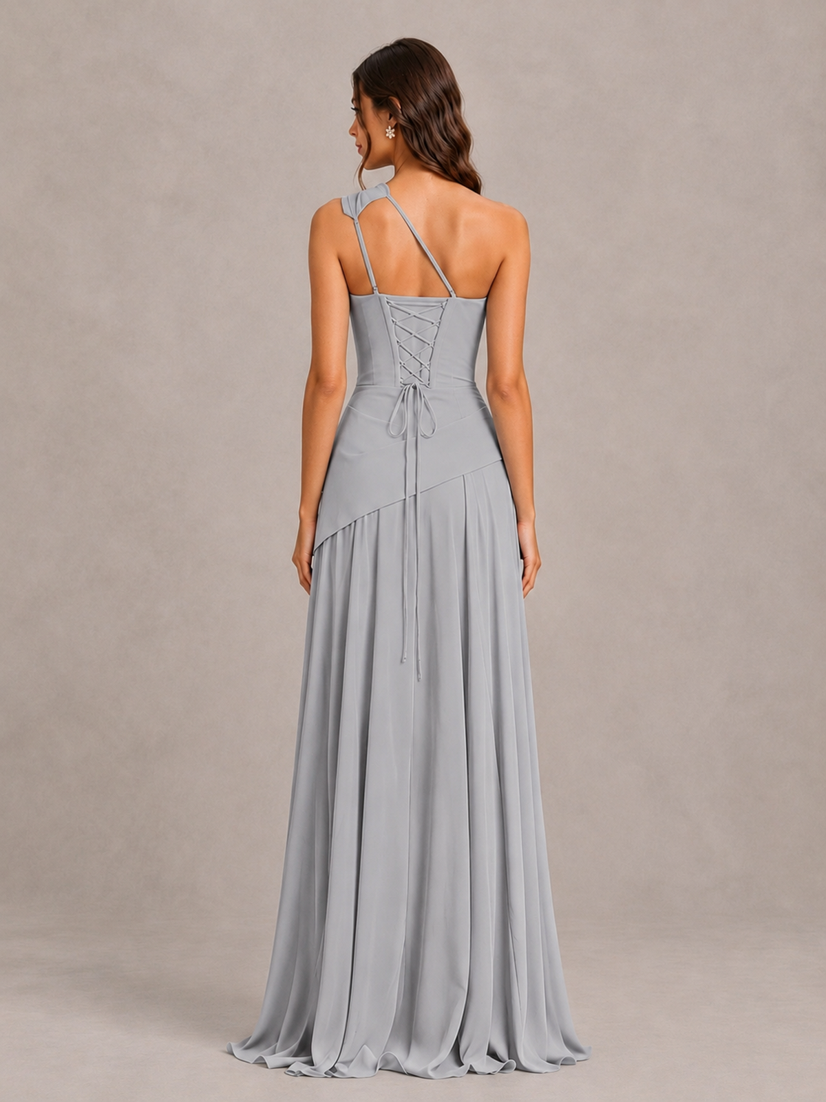 BOLODOO Silver One-Shoulder Lace-Up Back Bridesmaid Dress - Silver - Silver_2