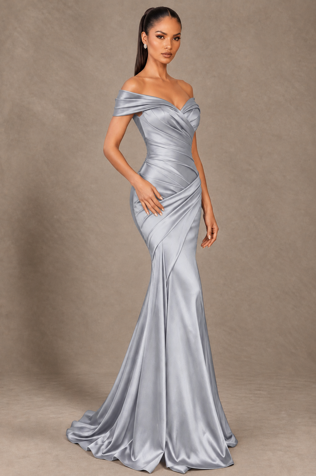 BOLODOO Silver Off-the-Shoulder Ruched Satin Mermaid Evening Dress - Silver - Silver_2