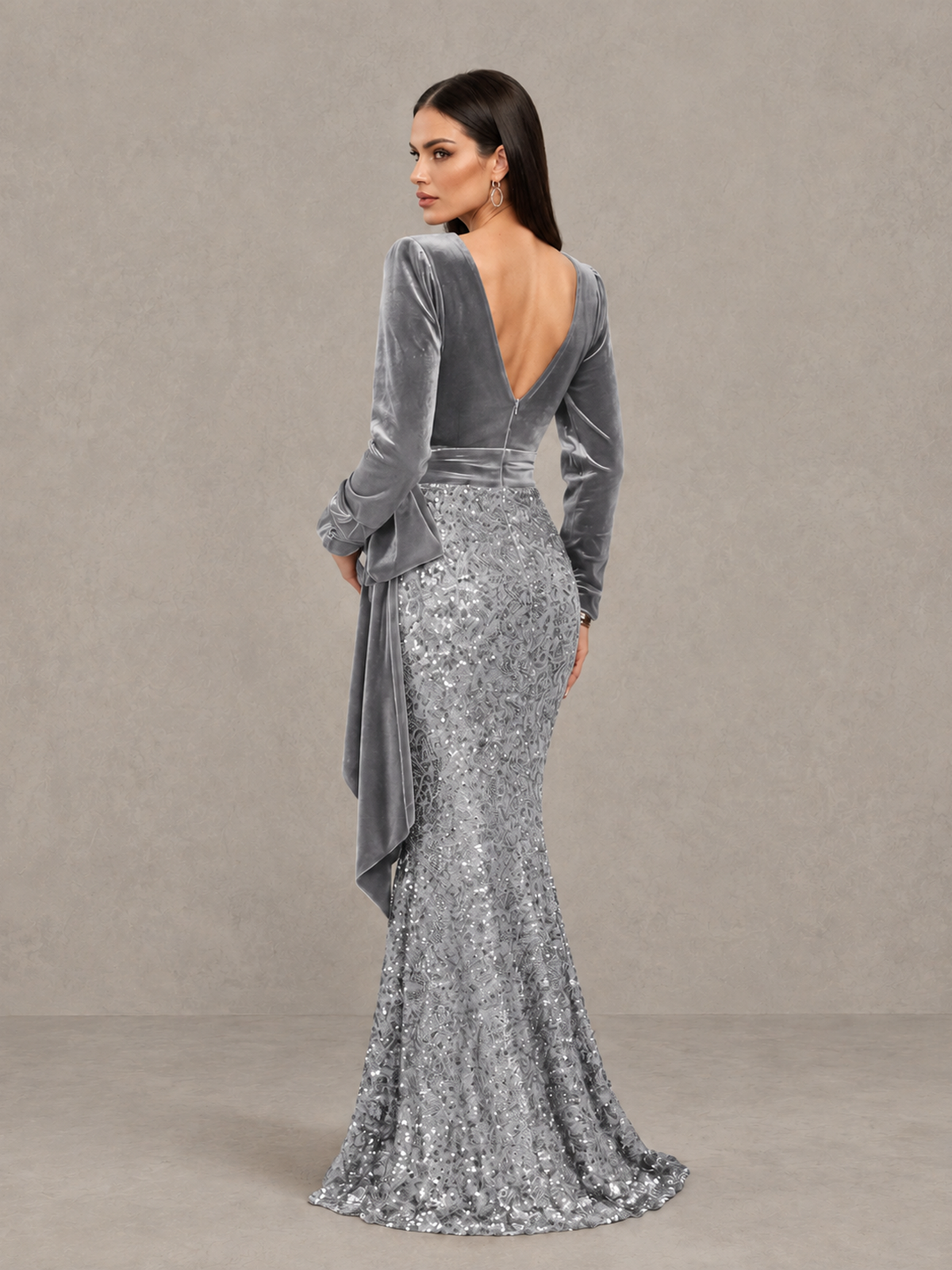 BOLODOO Silver Velvet & Sequin Long Sleeve V-Neck Mermaid Evening Gown - Silver - Silver_2