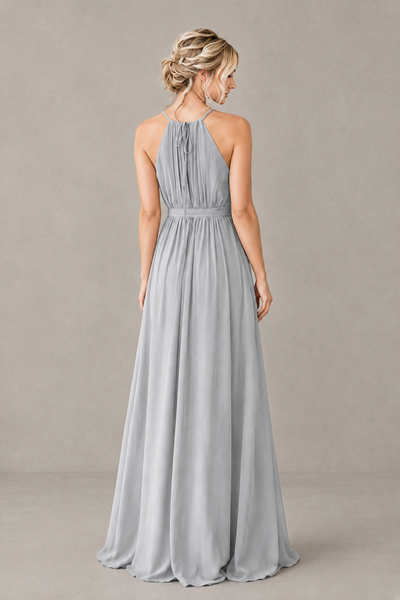 BOLODOO Silver Halter Chiffon Bridesmaid Dress with High Slit - Silver