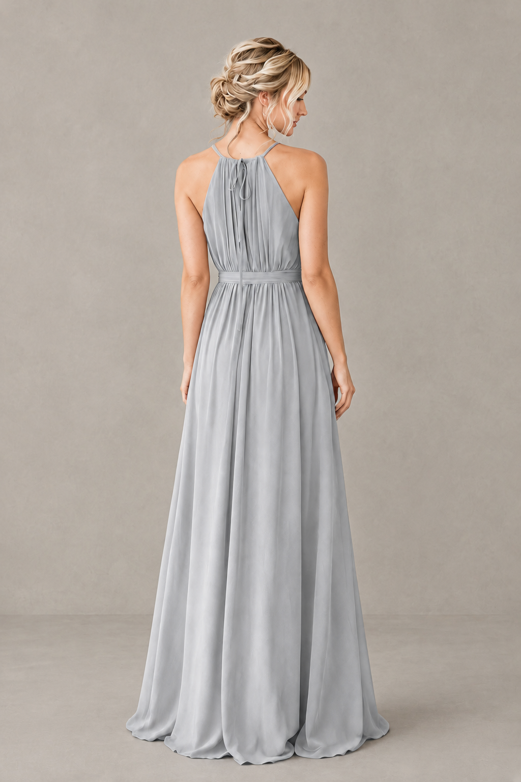 BOLODOO Silver Halter Chiffon Bridesmaid Dress with High Slit - Silver