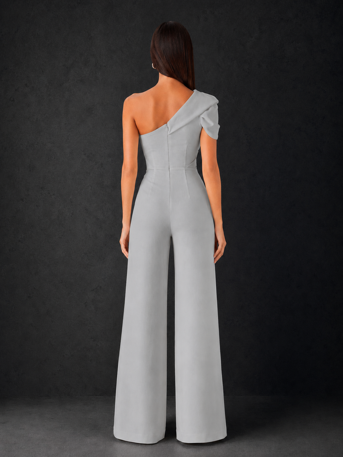BOLODOO Silver One-Shoulder Puff Sleeve Wide-Leg Jumpsuit with Front Slit and Open Back - Silver