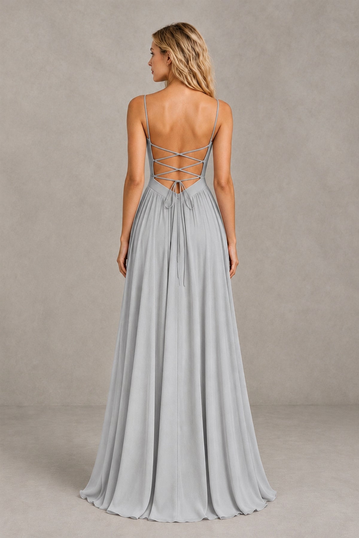 BOLODOO Silver Spaghetti Strap A-Line Bridesmaid Dress with Slit - Silver - Silver_2