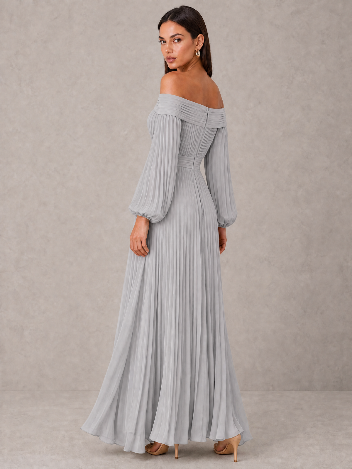 BOLODOO Silver Off-Shoulder Long Sleeve Pleated High-Low Dress - Silver - Silver_2