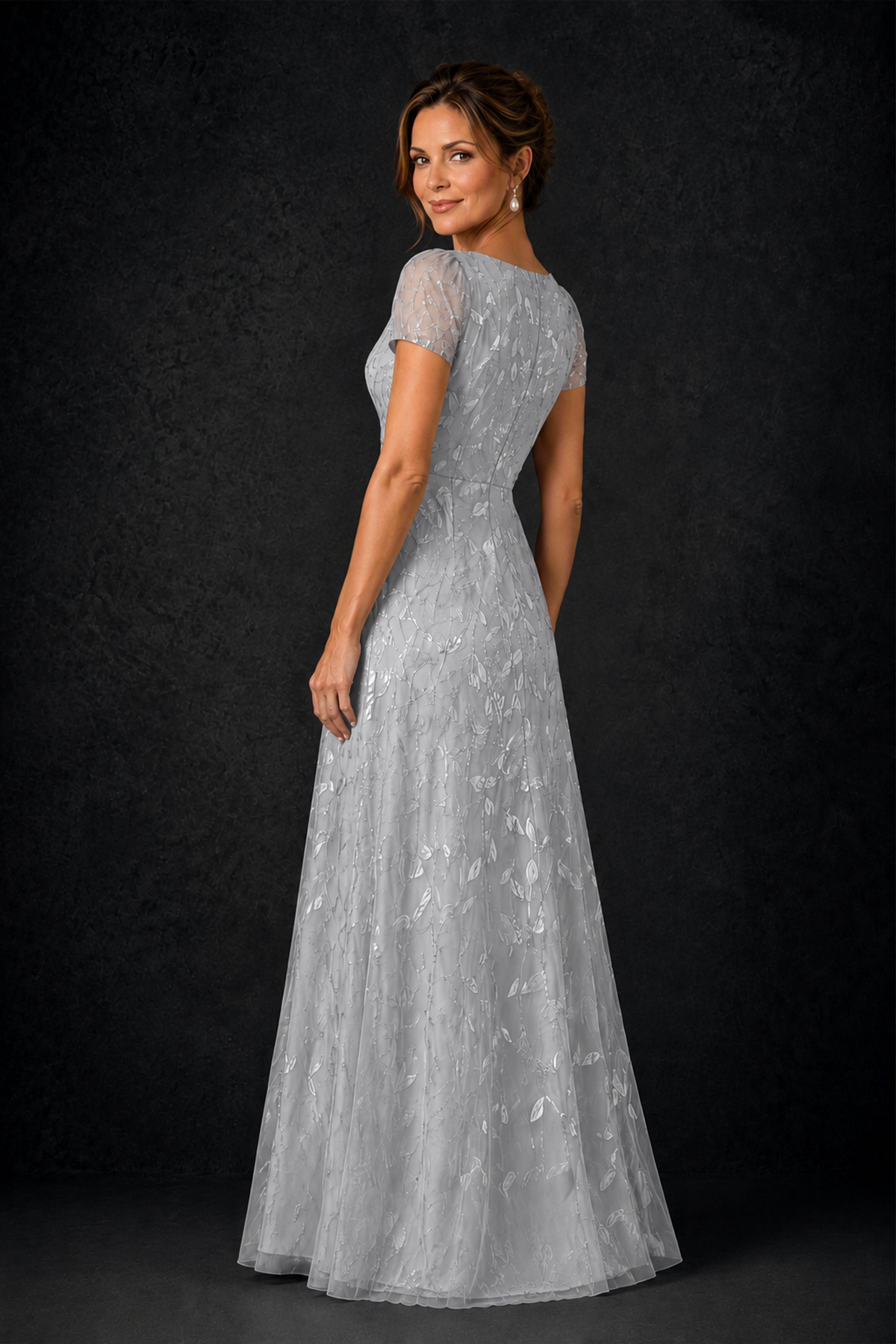 BOLODOO Silver Leaf Embroidered A-Line Formal Gown with Cap Sleeves - Silver - Silver_2