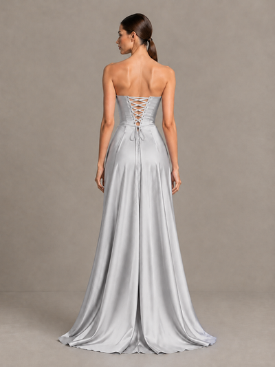 BOLODOO Silver Strapless Satin High-Slit Lace-Up Prom Dress - Silver - Silver_2
