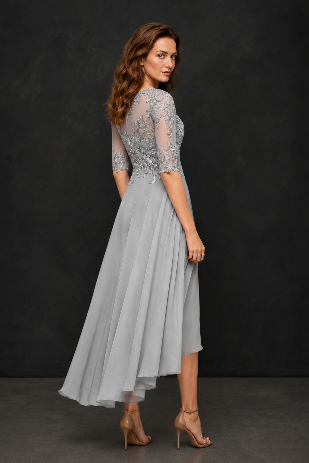 BOLODOO Silver Illusion Lace 3/4 Sleeve Hi-Lo Chiffon A-Line Dress | Mother of the Bride Tea Length Dress - Silver