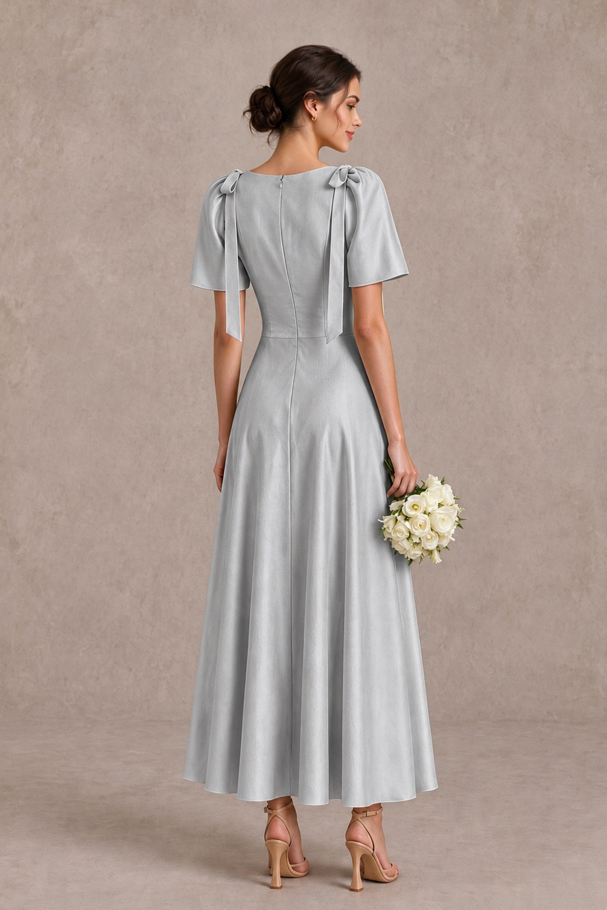 BOLODOO Silver V-Neck Short Sleeve Satin-Look Bridesmaid Dress with Shoulder Bows - Silver - Silver_2
