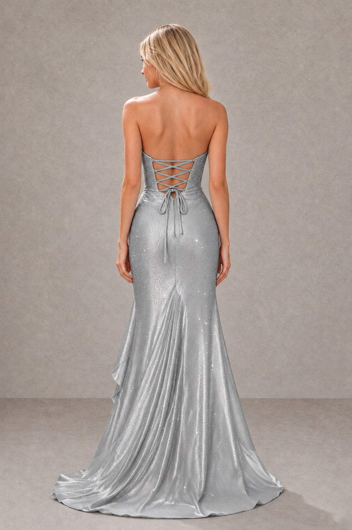 BOLODOO Silver Strapless Corset Mermaid Prom Dress with Ruffle Slit - Silver - Silver_2