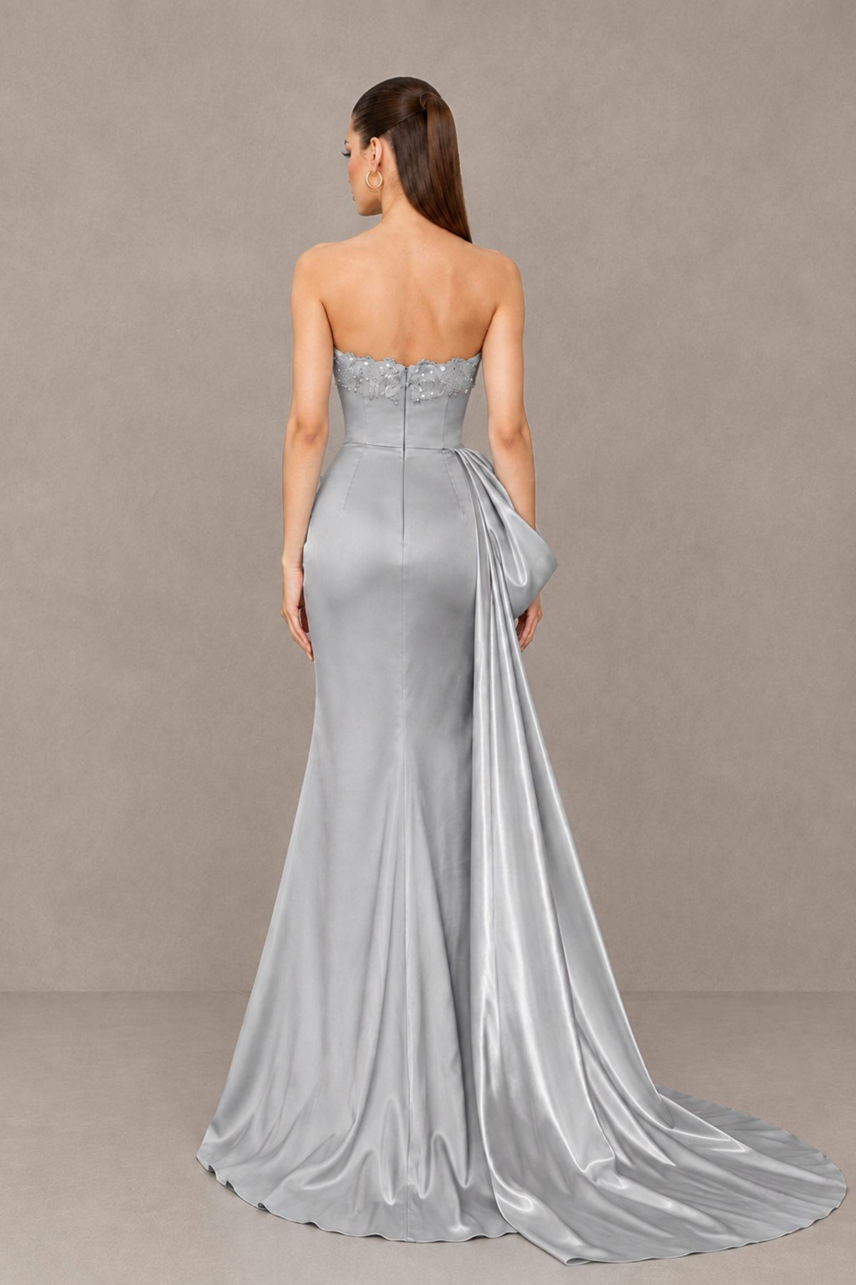 BOLODOO Silver Strapless Satin Prom Dress with Draped Side Train - Silver - Silver_2