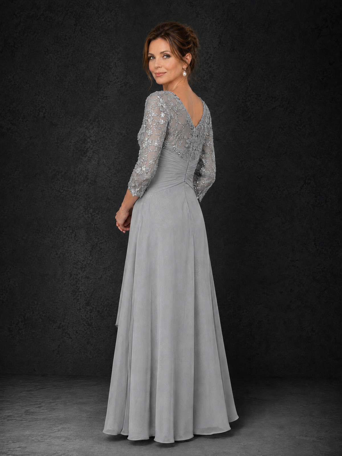 BOLODOO Silver Sequin Lace & Chiffon Tea-Length Mother of the Bride Dress with 3/4 Sleeves - Silver