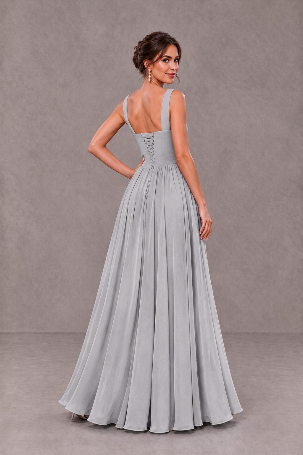BOLODOO Silver Square Neck A-Line Bridesmaid Dress with Slit - Silver - Silver_2