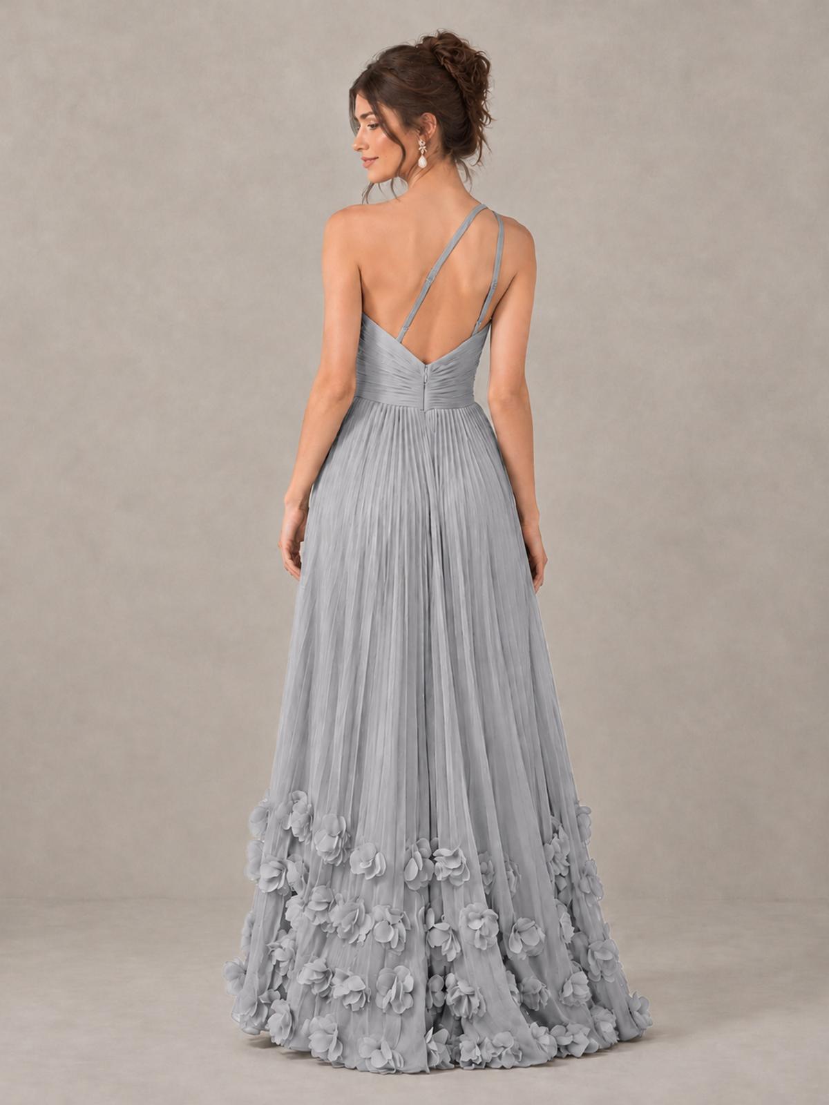 BOLODOO Silver One-Shoulder Pleated Bridesmaid Dress with 3D Floral Hem - Silver - Silver_2