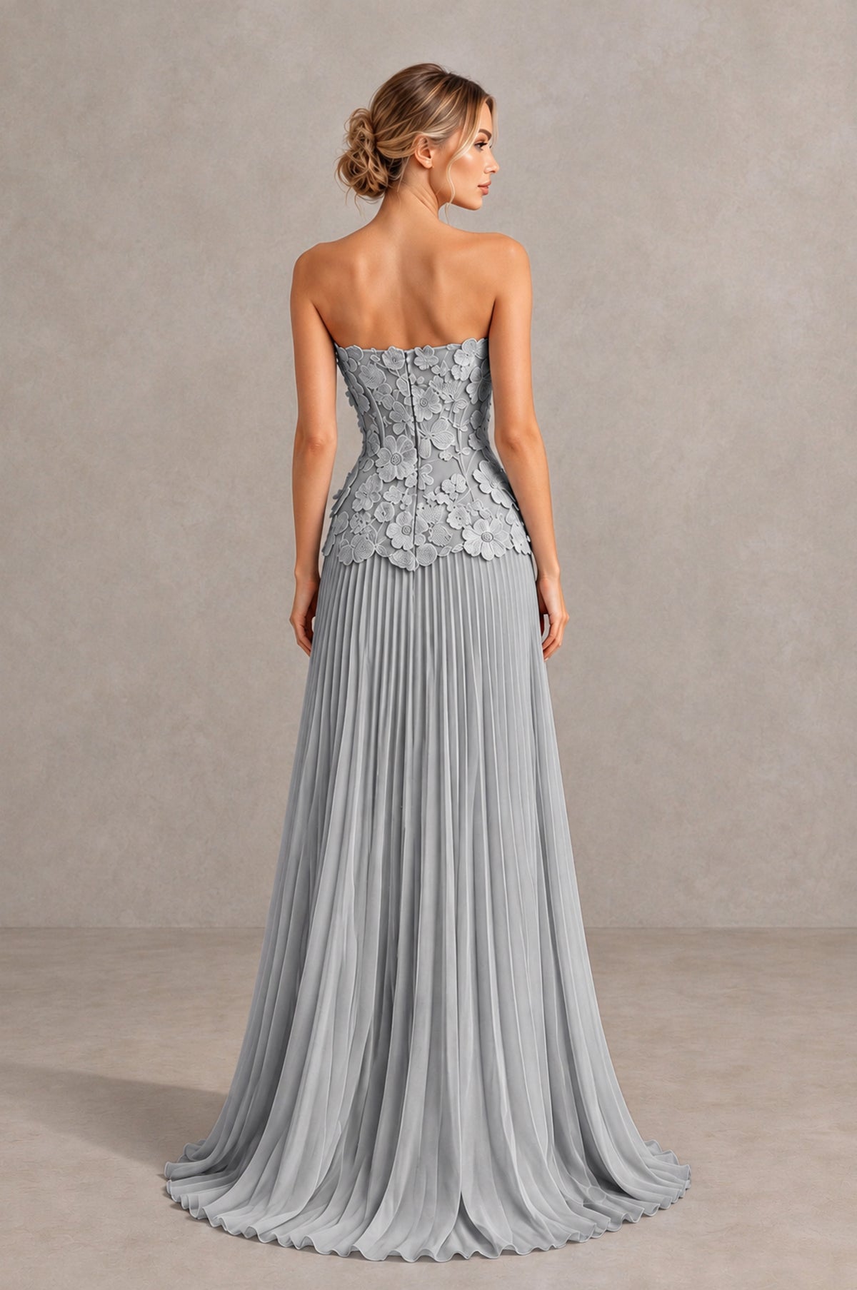 BOLODOO Silver Strapless Floral Applique Pleated Evening Dress - Silver - Silver_2