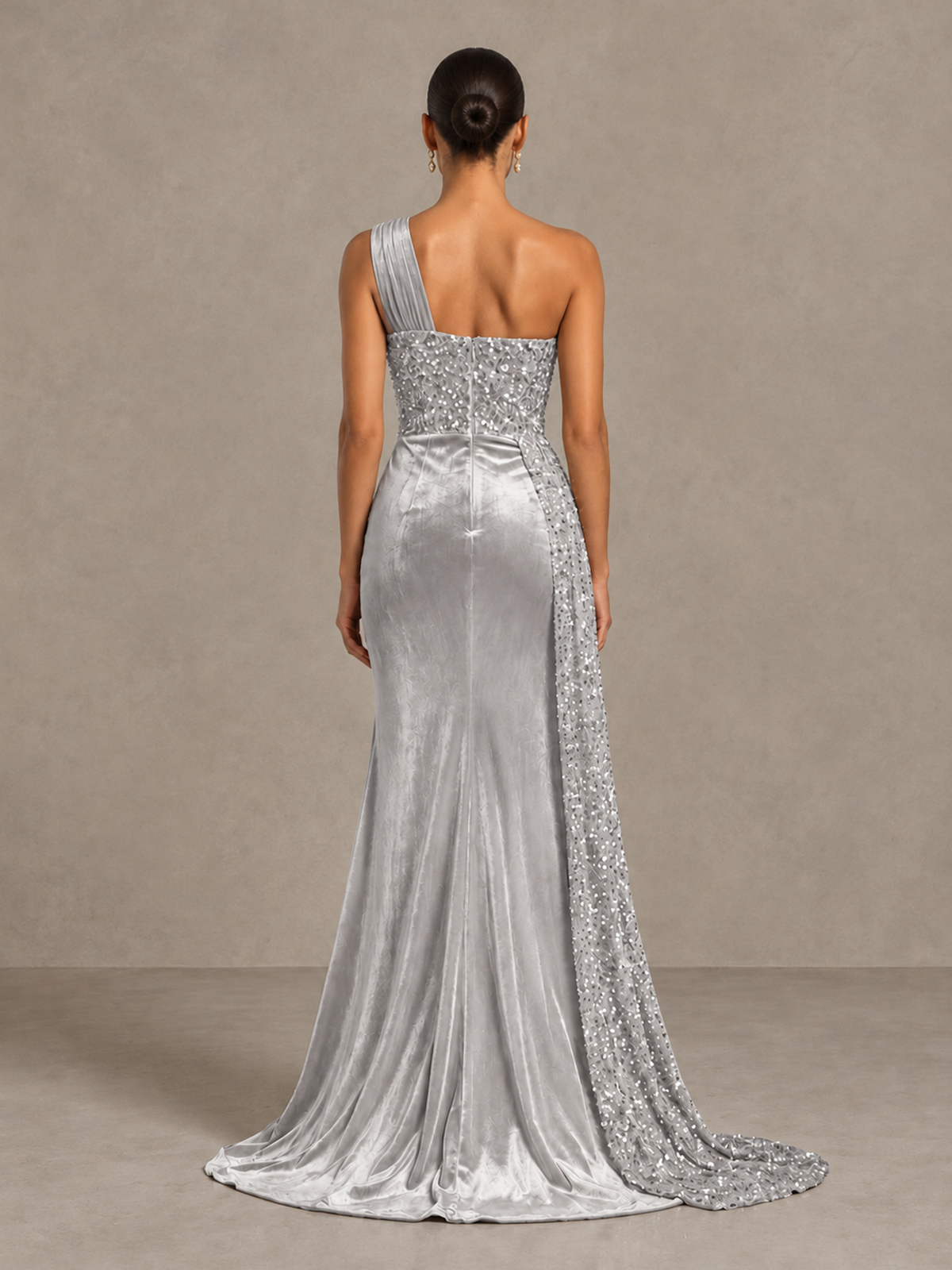 BOLODOO Silver One-Shoulder Satin Sequin Gown with High Slit - Silver - Silver_2