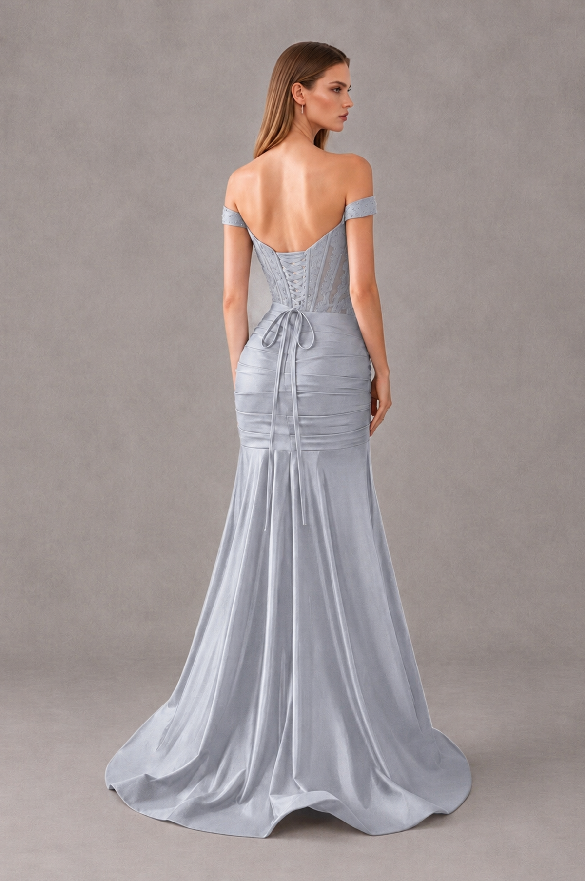 BOLODOO Silver Off-Shoulder Corset Mermaid Prom Dress with Slit Sequin Lace Evening Gown - Silver - Silver_2