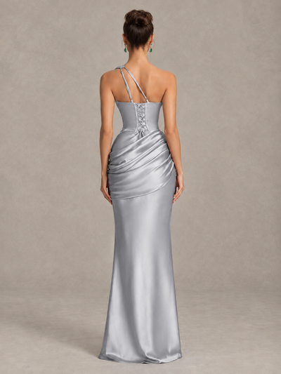 BOLODOO Silver One-Shoulder Cutout Satin Mermaid Prom Dress - Silver - Silver_2