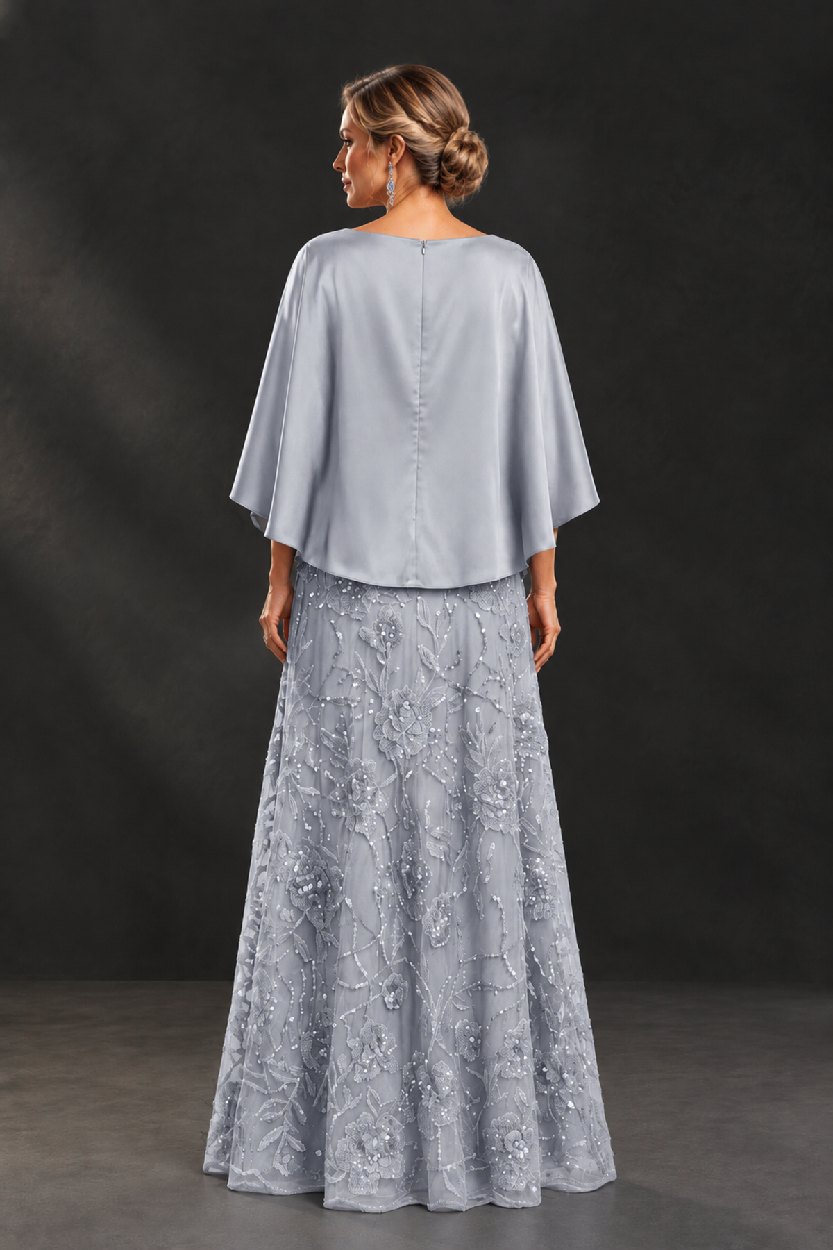 BOLODOO Silver Cape Sleeve Floral Mother of the Bride Dress - Silver - Silver_2