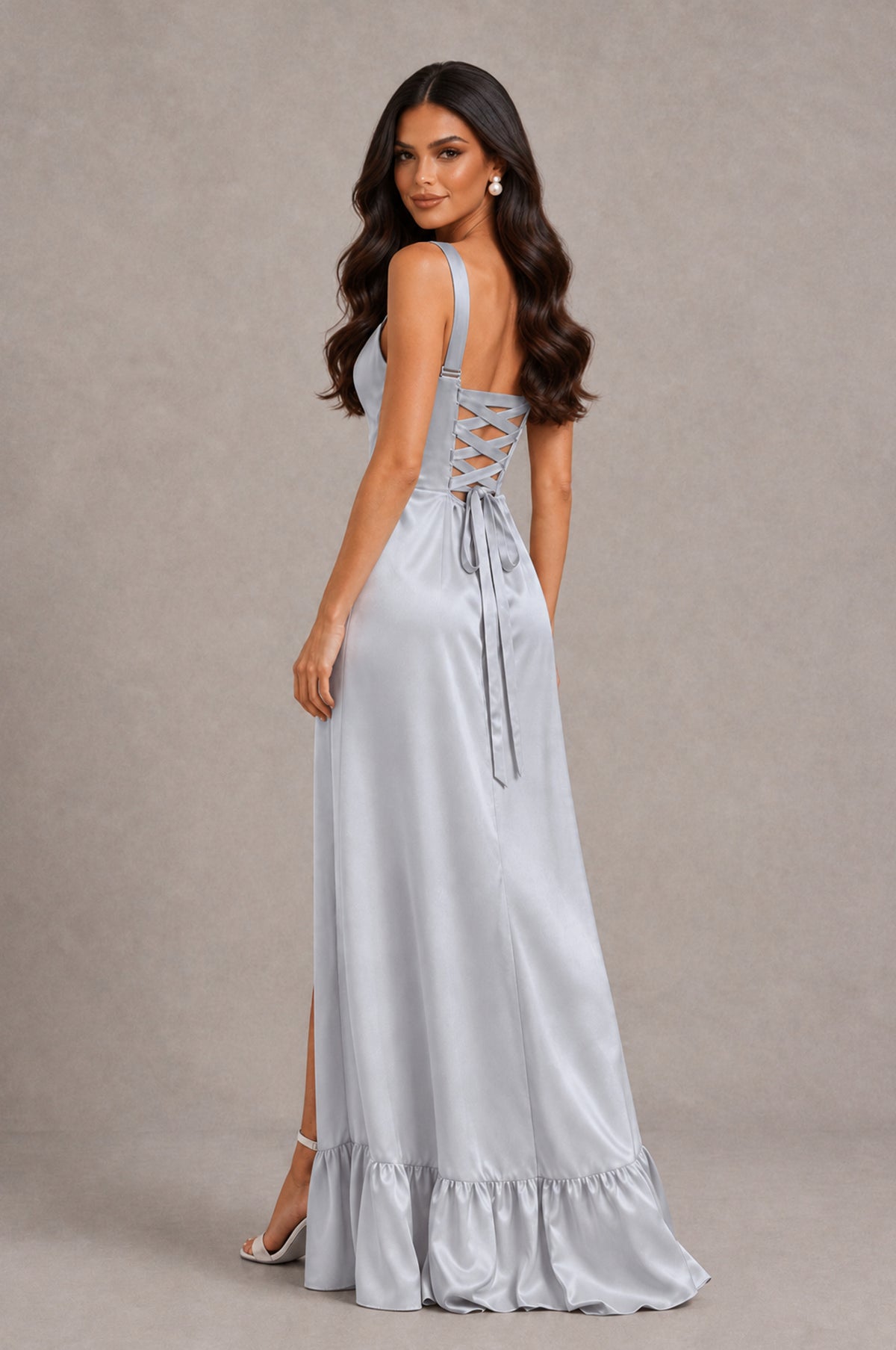 BOLODOO Silver Square Neck Satin Evening Dress with Lace-Up Back and High Slit - Silver - Silver_2