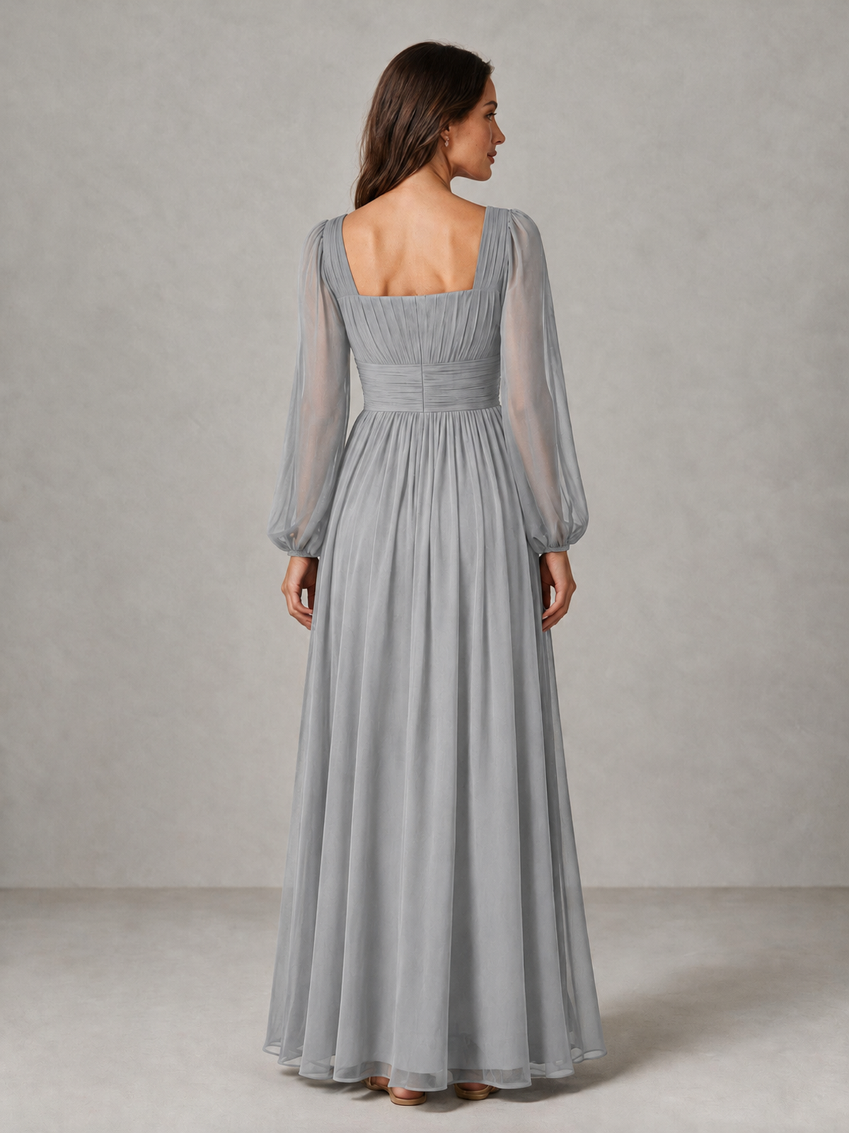 BOLODOO Silver Square Neck Long Sleeve Chiffon Bridesmaid Dress - Silver - Silver_2