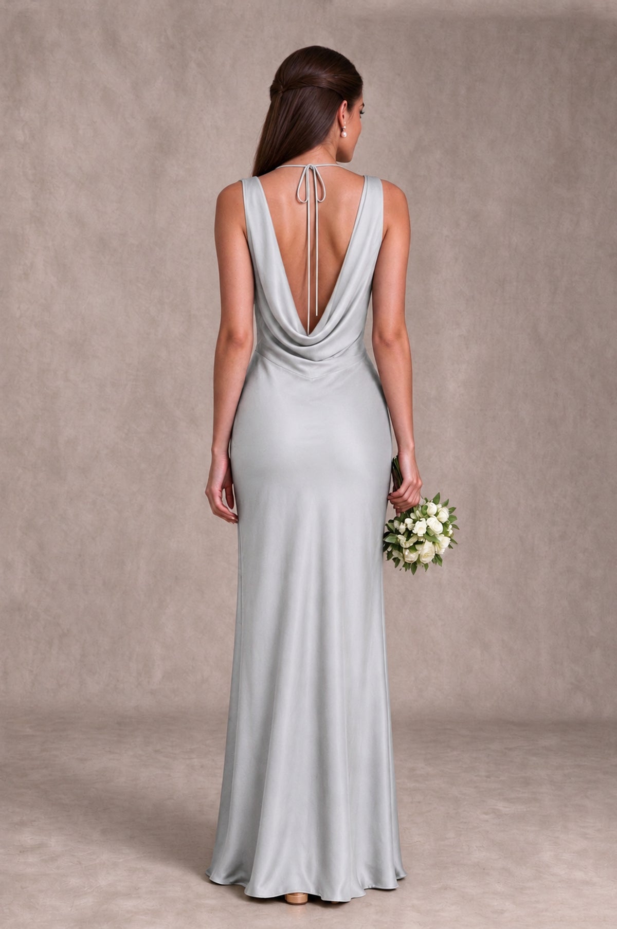 BOLODOO Silver Cowl Neck Open Back Satin Bridesmaid Dress - Silver - Silver_2