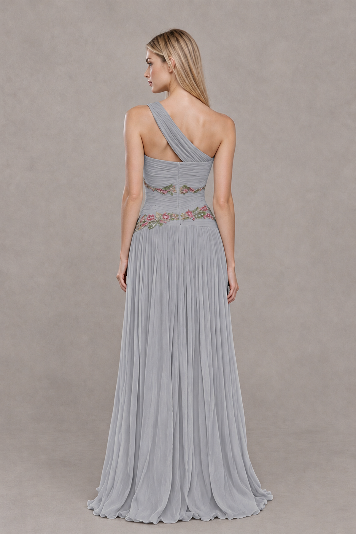 BOLODOO Silver One-Shoulder Floral Applique A-Line Evening Dress - Silver - Silver_2