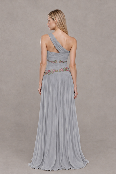 BOLODOO Silver One-Shoulder Floral Applique A-Line Evening Dress - Silver - Silver_2