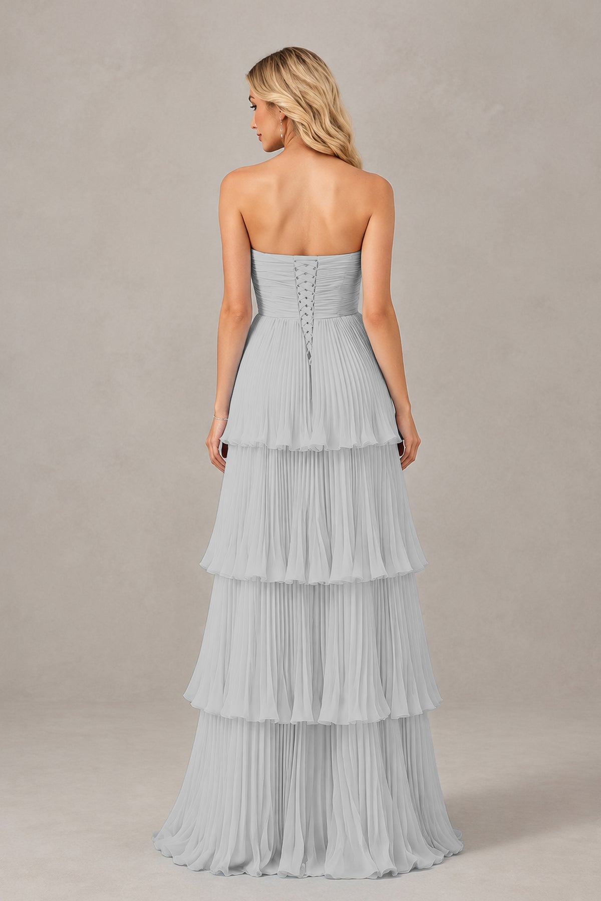 BOLODOO Silver Strapless Tiered Chiffon Maxi Dress - Silver