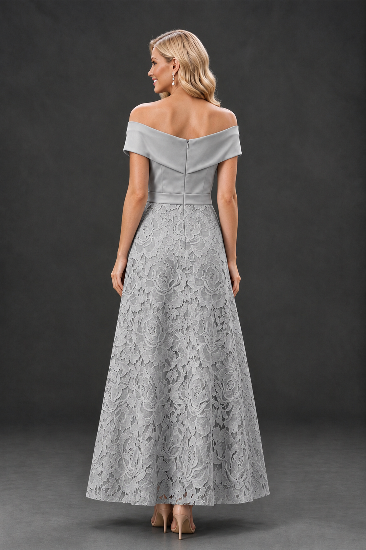 BOLODOO Silver Off-the-Shoulder Floral A-Line Mother of the Bride Dress - Silver - Silver_2