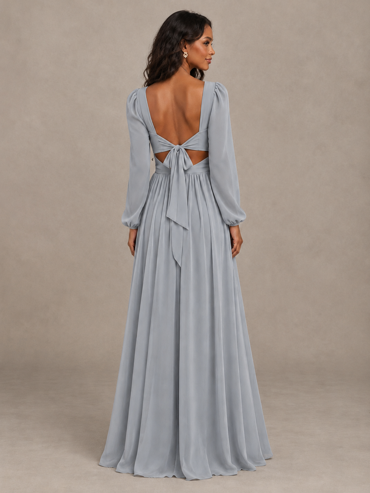 BOLODOO Silver V-Neck Long Sleeve Bridesmaid Dress with Tie Back and Slit - Silver - Silver_2