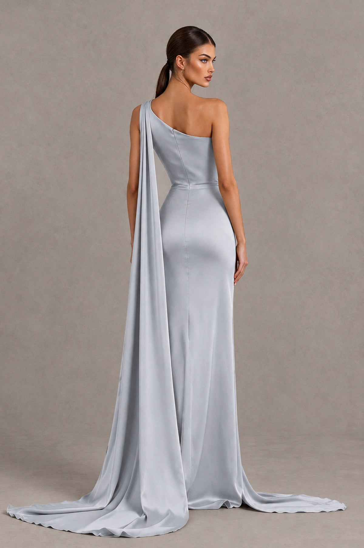 BOLODOO Silver One Shoulder Satin Evening Dress with High Slit and Draped Cape Train - Silver - Silver_2