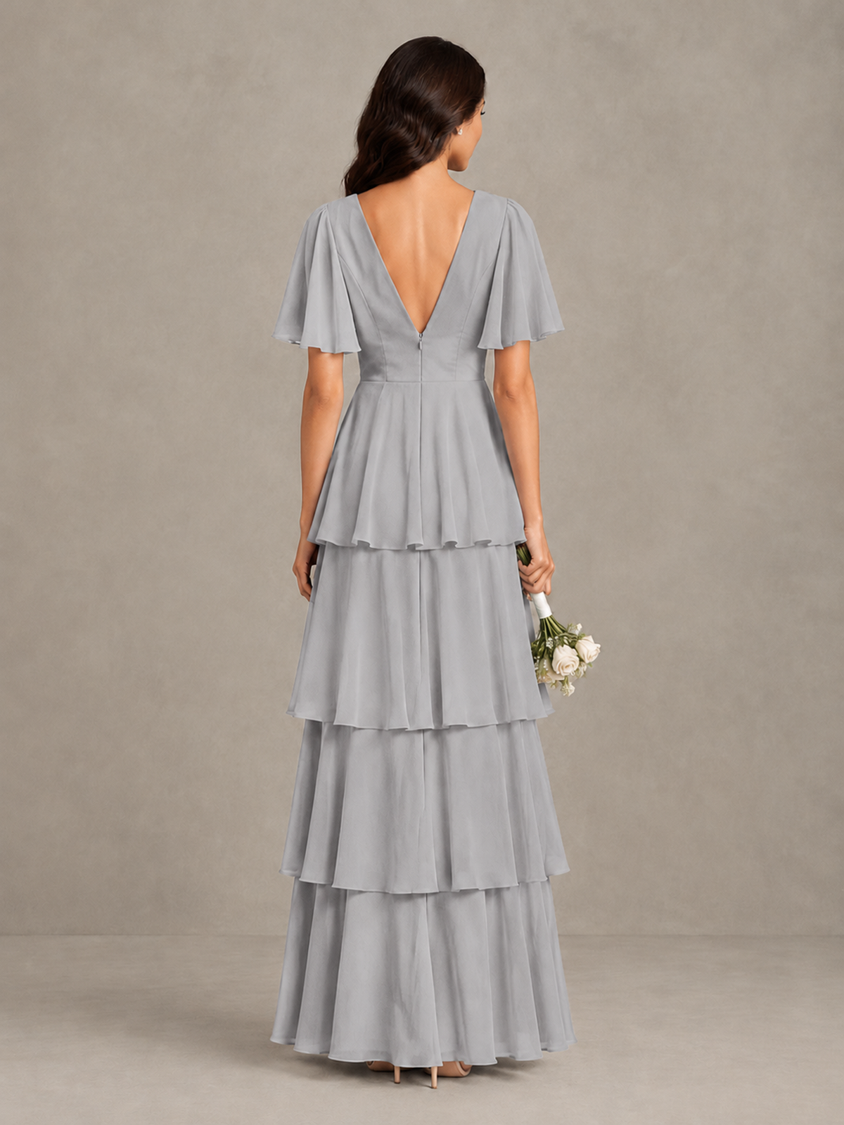 BOLODOO Silver Tiered Flutter Sleeve Bridesmaid Dress - Silver - Silver_2