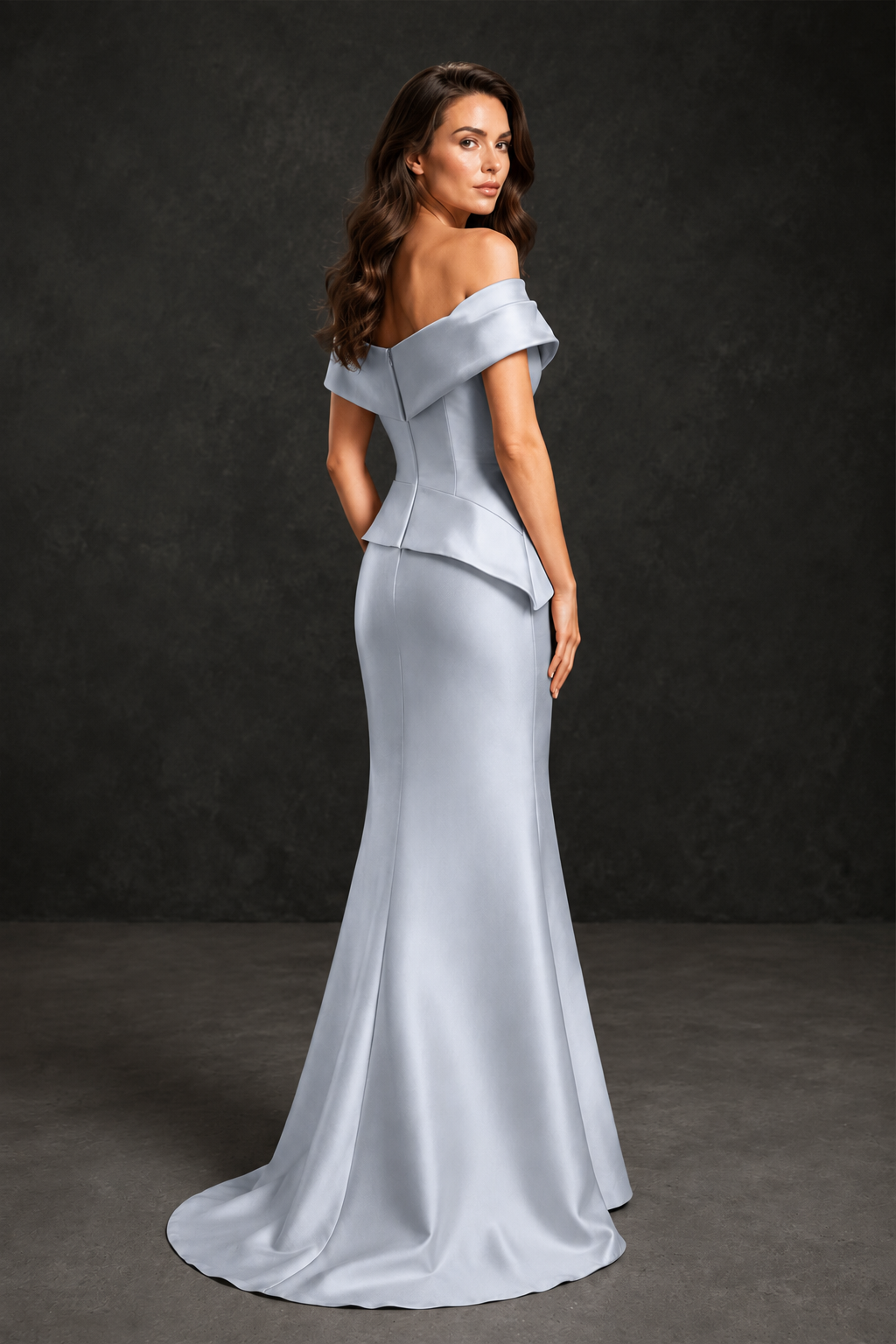BOLODOO Silver Satin Off-Shoulder Sweetheart Asymmetric Peplum Mermaid Gown with Silver Floral Embroidery | MOB Evening Dress - Silver