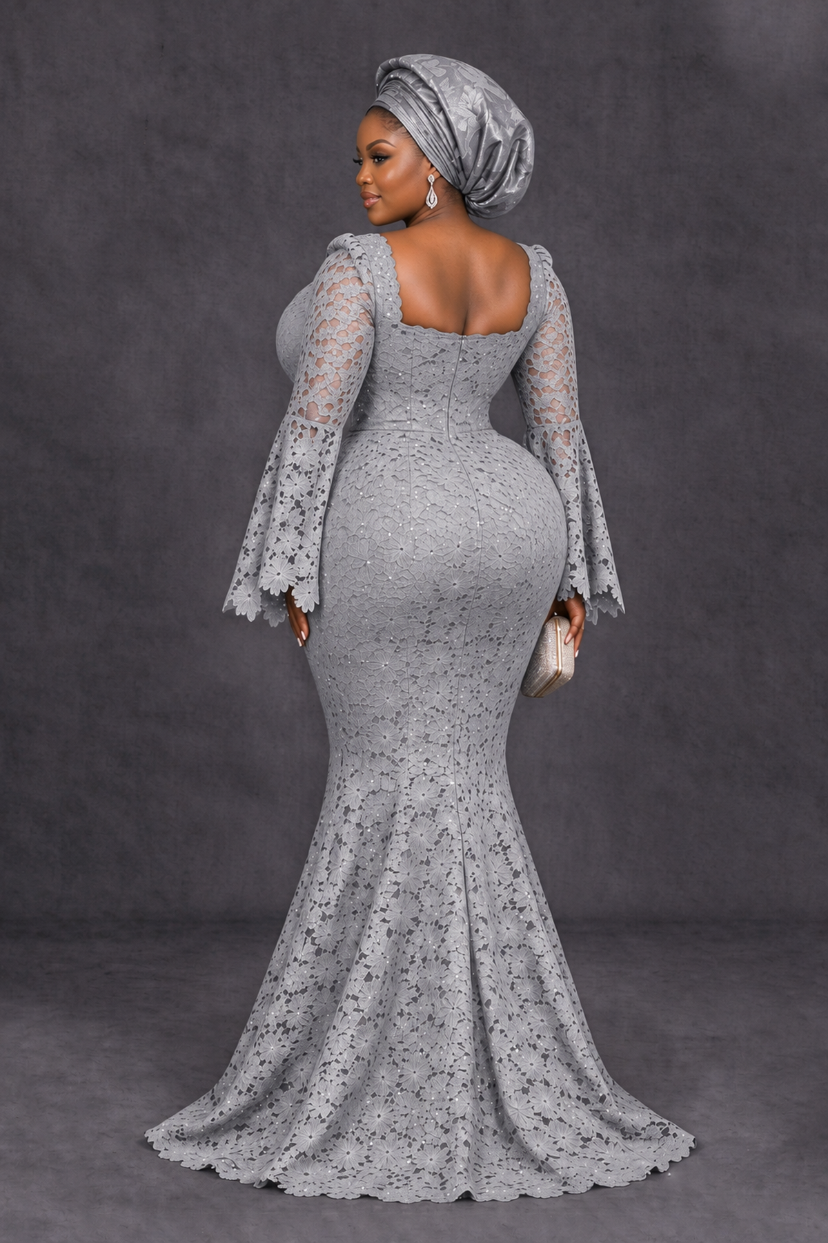 BOLODOO Silver African Lace Mermaid Dress, Plus Size Nigerian Wedding Guest Gown with Bell Sleeves - Silver - Silver_2