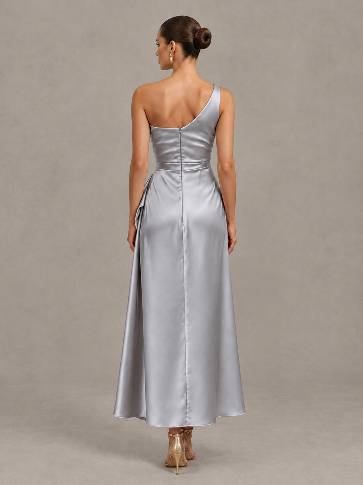 BOLODOO Silver One Shoulder Satin Cocktail Dress with Draped A-Line Skirt - Silver - Silver_2