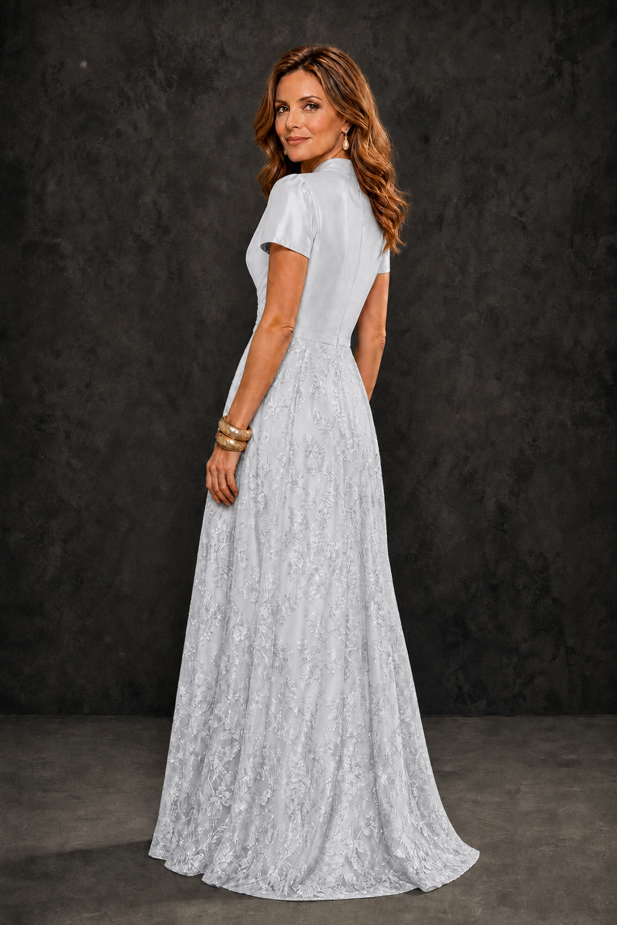 BOLODOO Silver Satin Wrap V-Neck Short Sleeve Lace Glitter A-Line Floor Length Evening Gown – Formal Dress - Silver