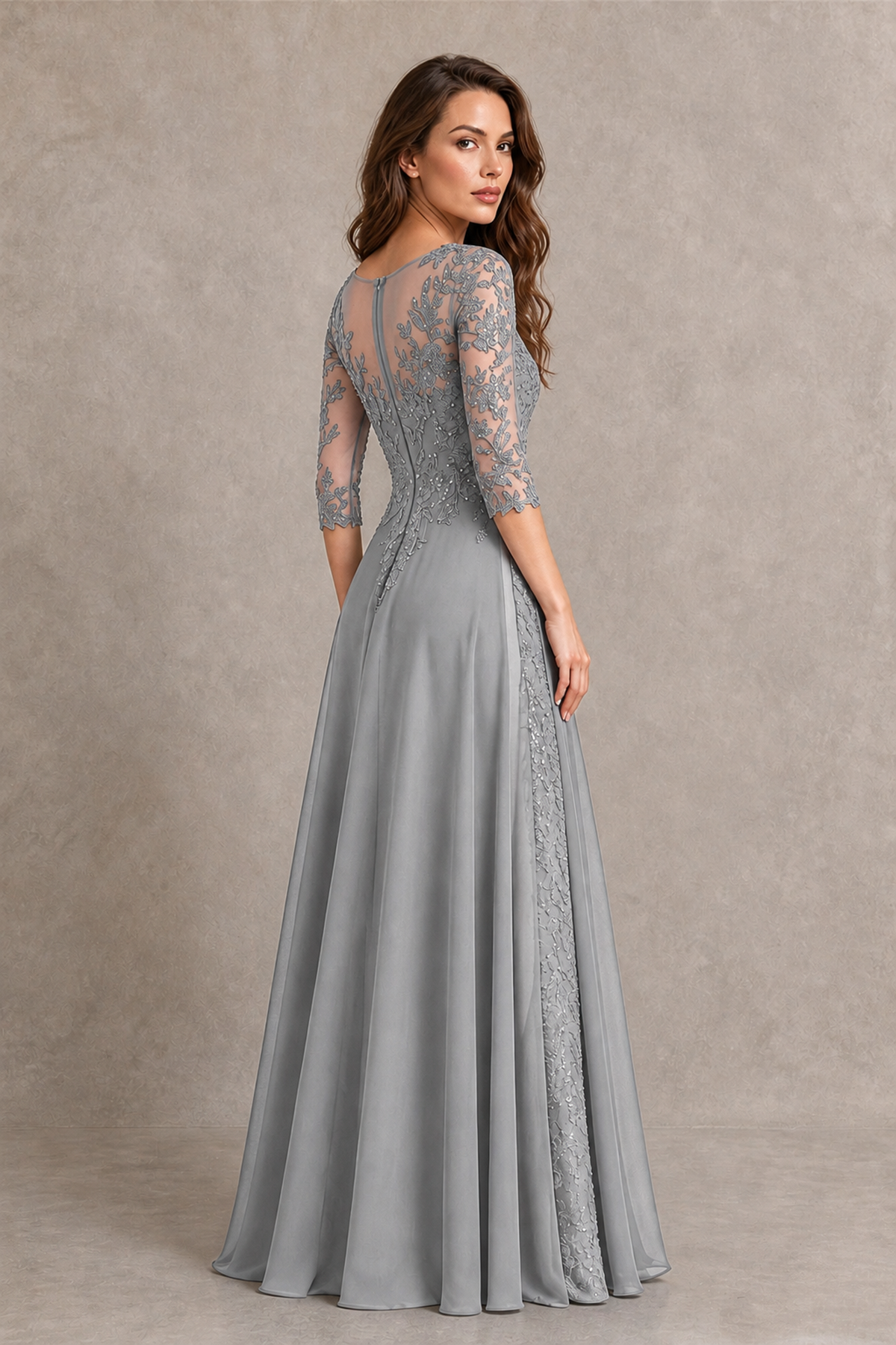 BOLODOO Midnight Silver Beaded Lace Appliqué Chiffon A-Line Gown | Mother of the Bride & Formal Evening Dress - Silver - Silver_2