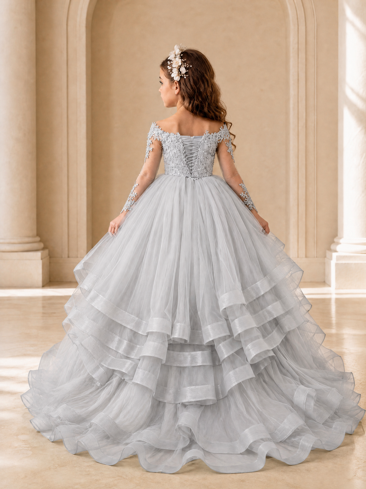 BOLODOO Silver Lace Long Sleeve Tiered Flower Girl Dress - Silver - Silver_2