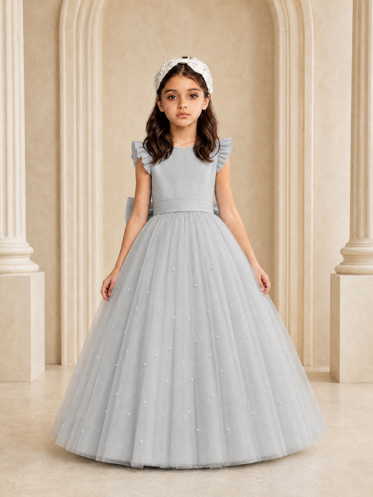BOLODOO Silver Tulle Flower Girl Dress with Ruffle Sleeves & Bow Back - Silver - Silver_2
