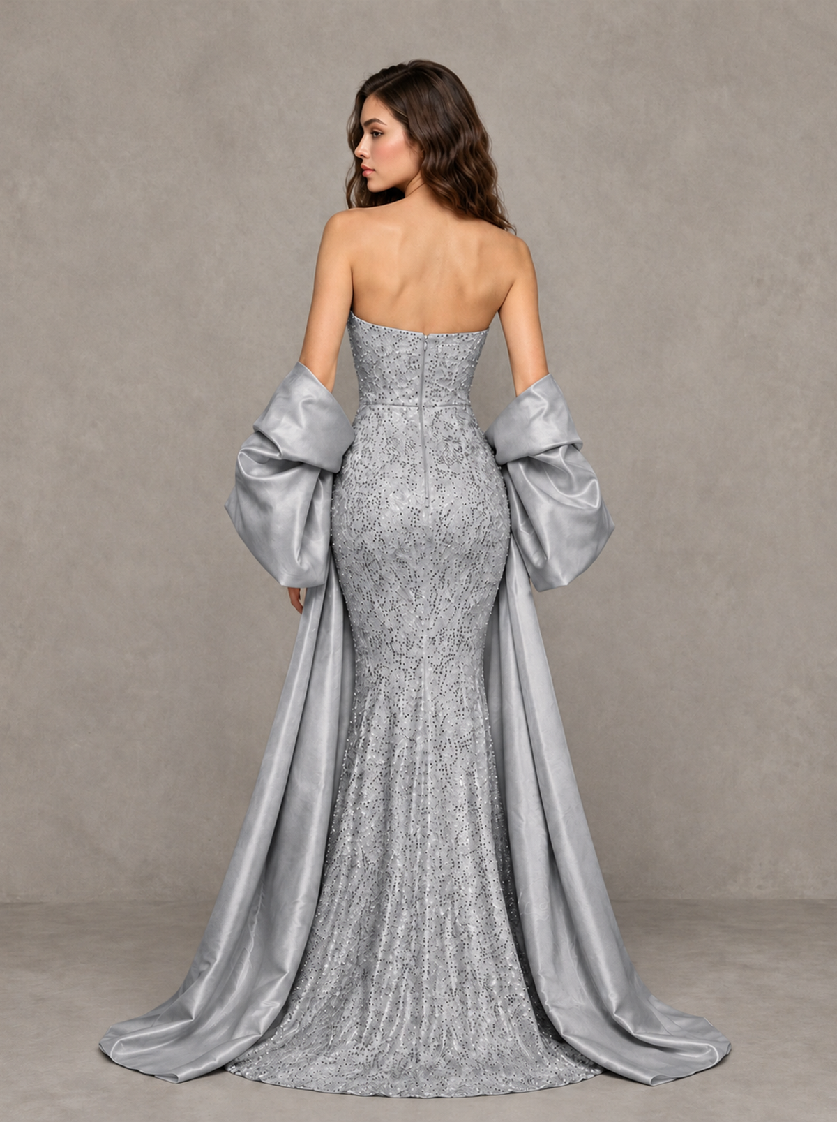 BOLODOO Silver Strapless Sparkle Mermaid Prom Dress with Front Slit and Draped Sleeves - Silver - Silver_2